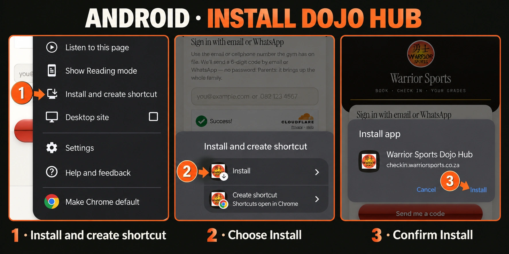 Numbered arrows point to Install and create shortcut, Install and the final Install confirmation.