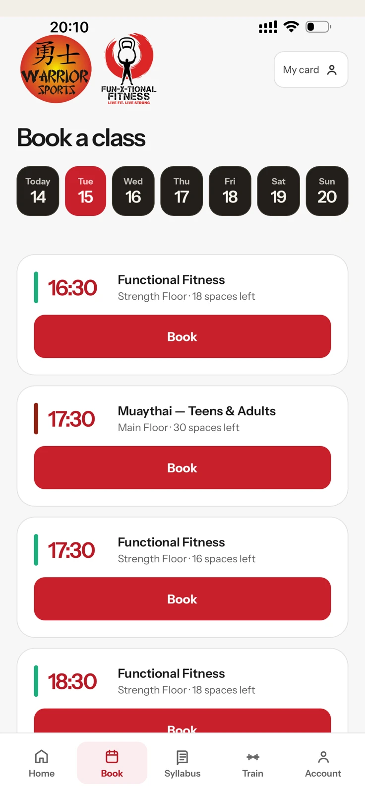 Dojo Hub Book screen, with a day selector and Book buttons