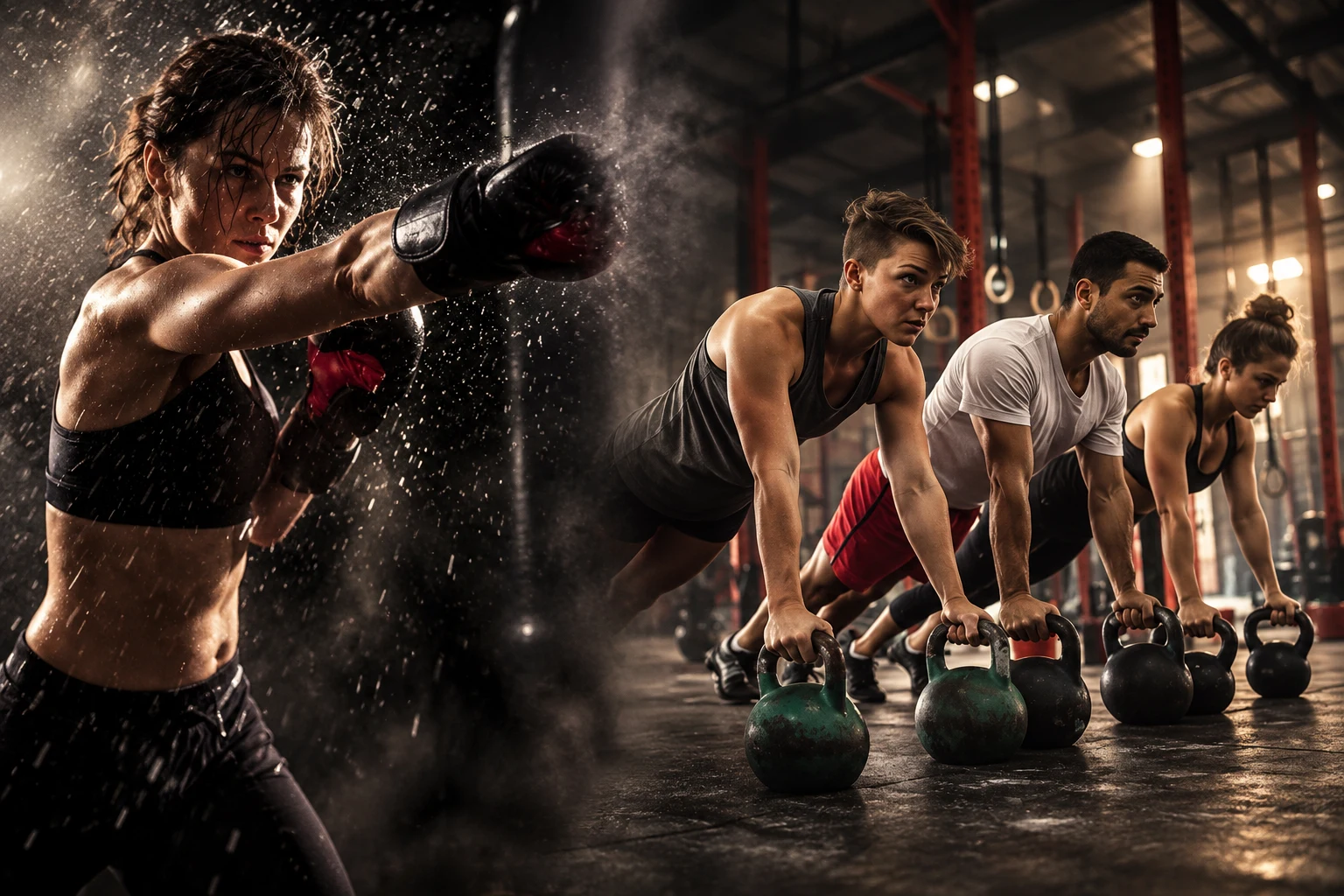 Boxing and kettlebell conditioning blended in a FitFight Fusion montage