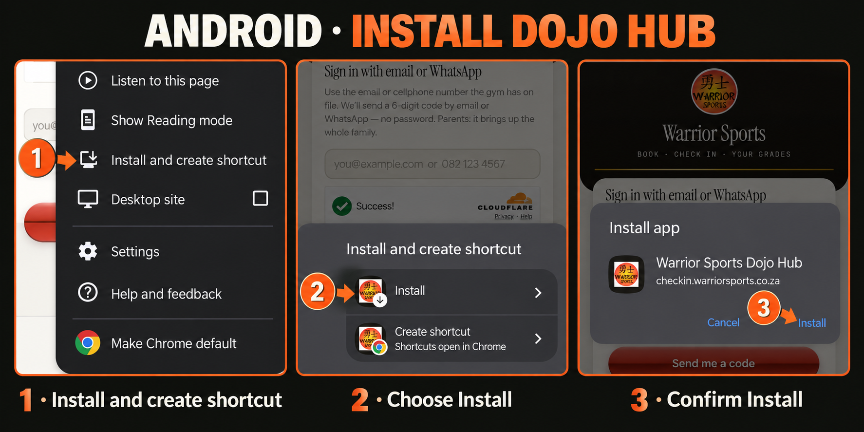 Numbered arrows point to Install and create shortcut, Install and the final Install confirmation.