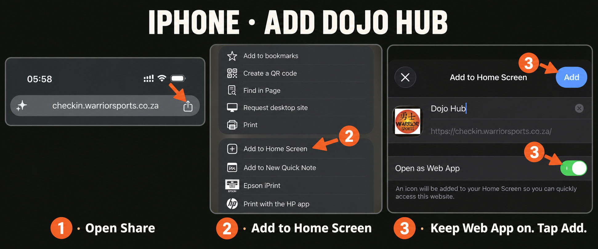 Numbered arrows point to Share, Add to Home Screen, Open as Web App and Add in your iPhone screenshots.